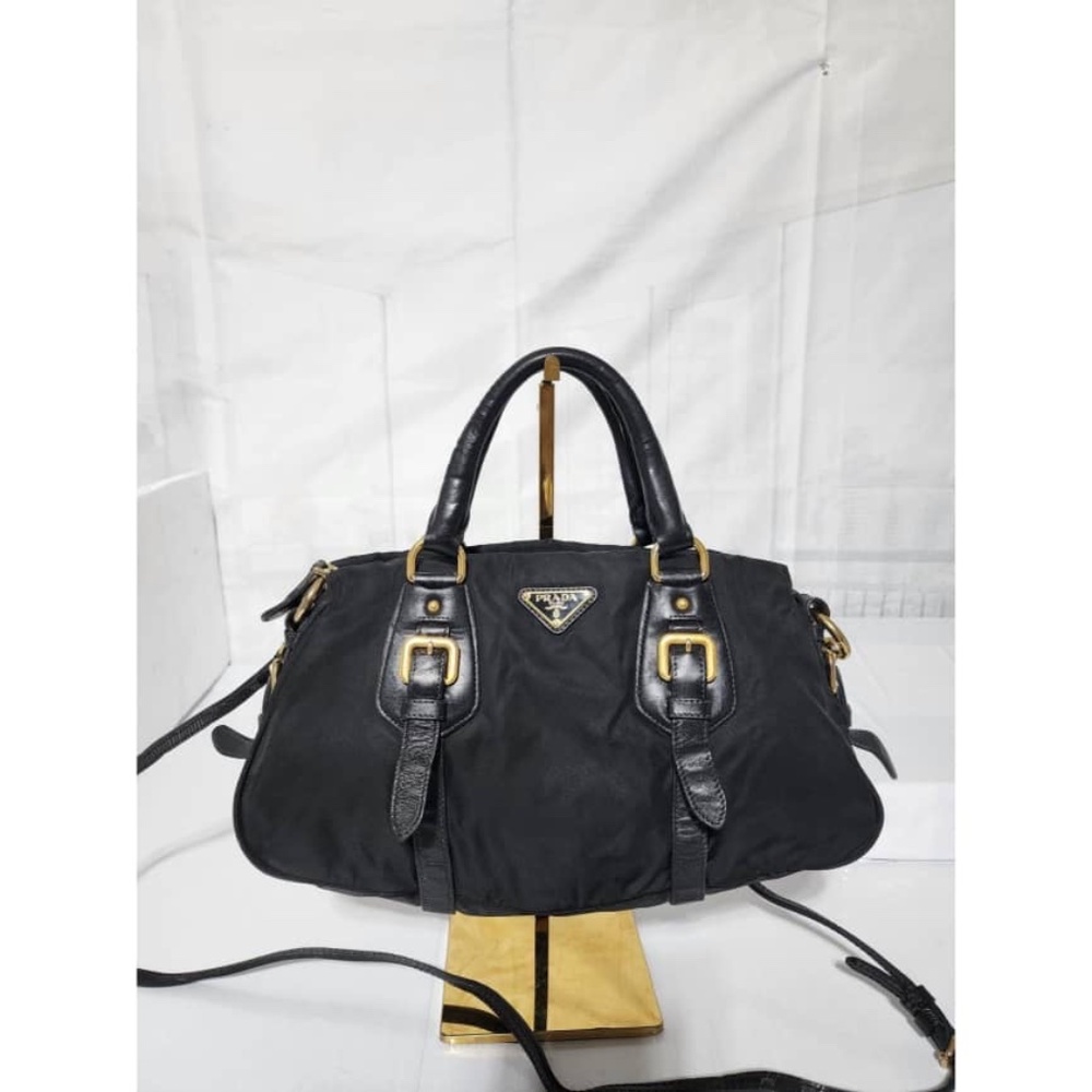 Authentic PRADA Tessuto Nylon And Leather Bauletto Bag Black